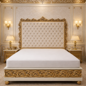 Handcrafted luxury teakwood bed featuring ornate gold carving, tufted upholstered headboard, and royal classic bedroom interior.