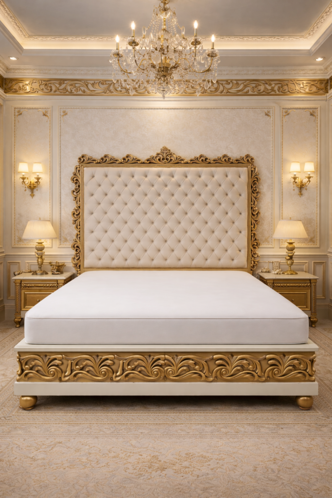 Handcrafted luxury teakwood bed featuring ornate gold carving, tufted upholstered headboard, and royal classic bedroom interior.