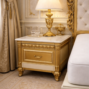 Handcrafted luxury teakwood bed featuring ornate gold carving, tufted upholstered headboard, and royal classic bedroom interior.