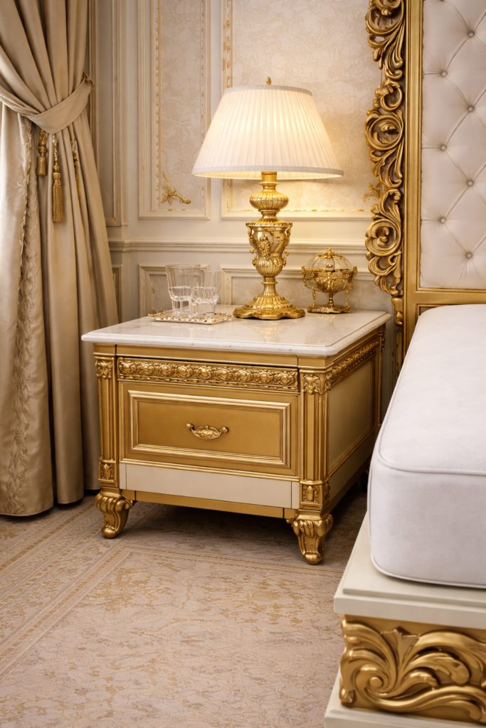 Handcrafted luxury teakwood bed featuring ornate gold carving, tufted upholstered headboard, and royal classic bedroom interior.