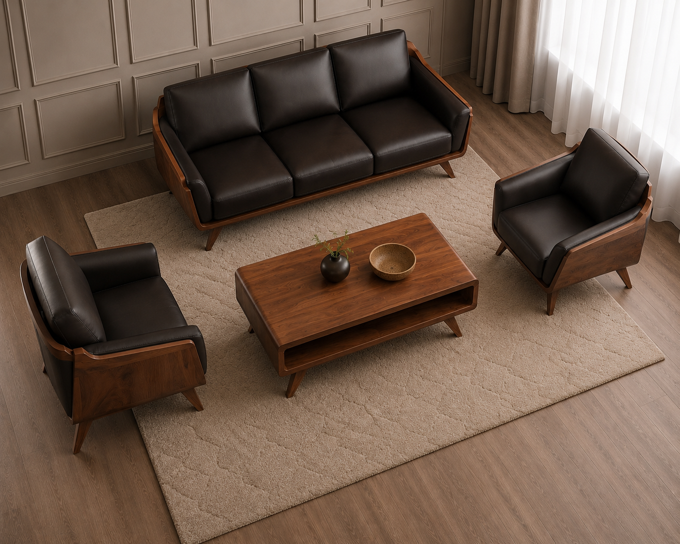 Modern Walnut Wooden Sofa Set