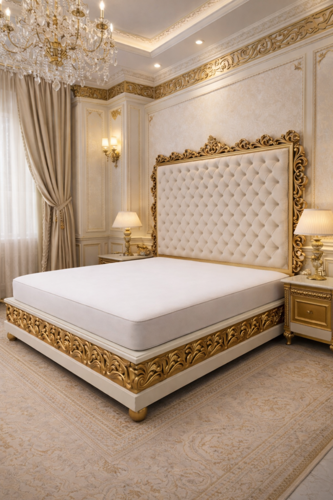 Handcrafted luxury teakwood bed featuring ornate gold carving, tufted upholstered headboard, and royal classic bedroom interior.