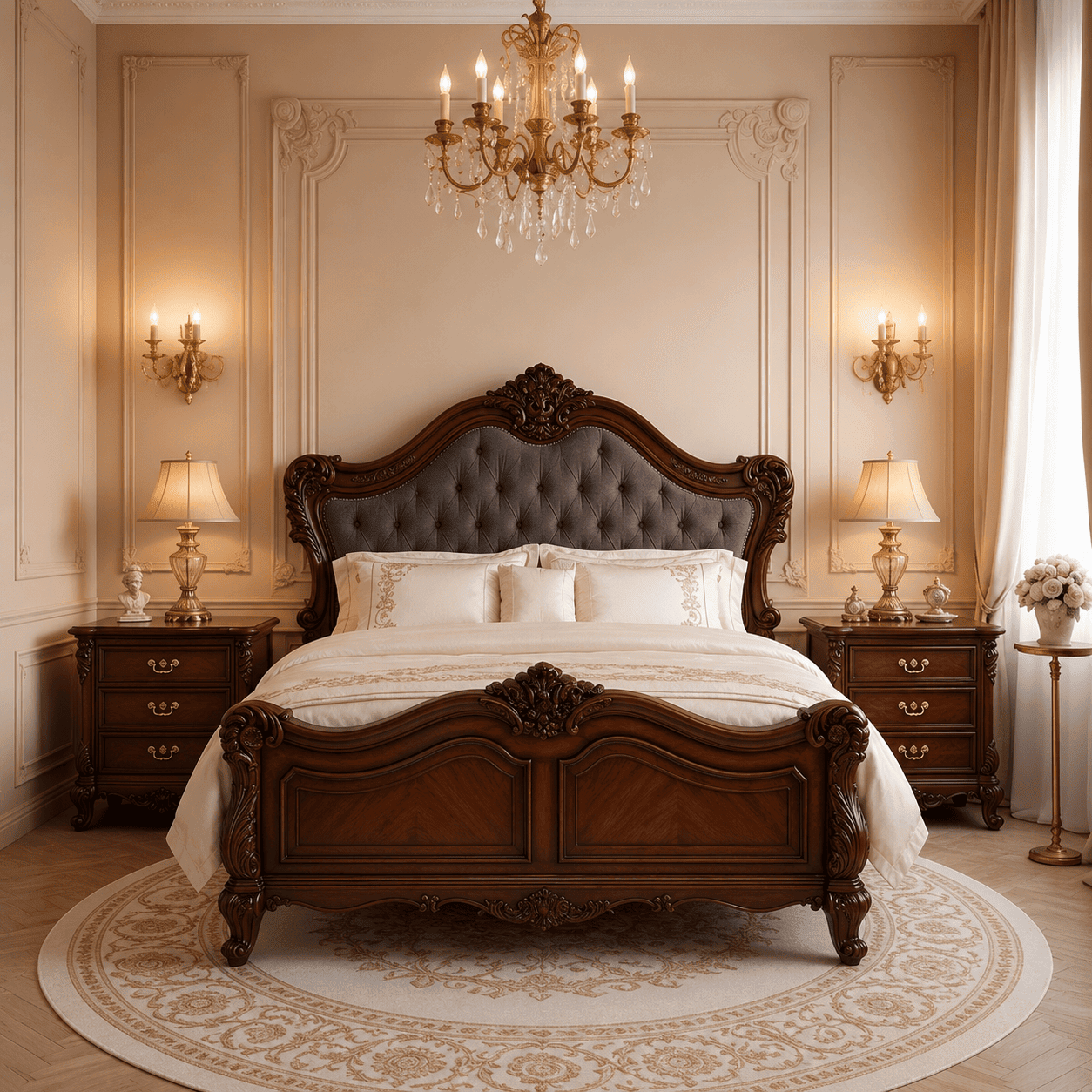 Luxury Handcrafted Teakwood Bed | Royal Upholstered King Size Bed