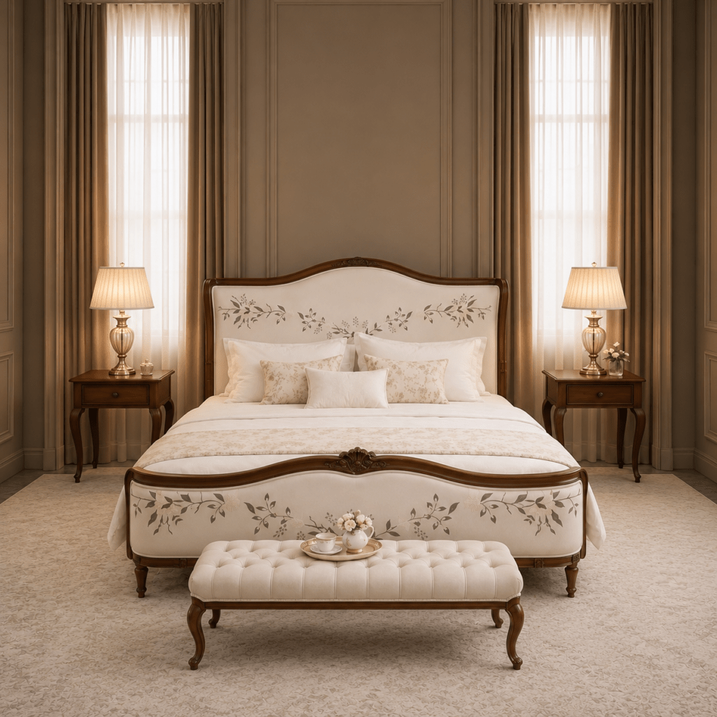Luxury Floral Upholstered Teakwood Bed Luxury Floral Upholstered Teakwood Bed