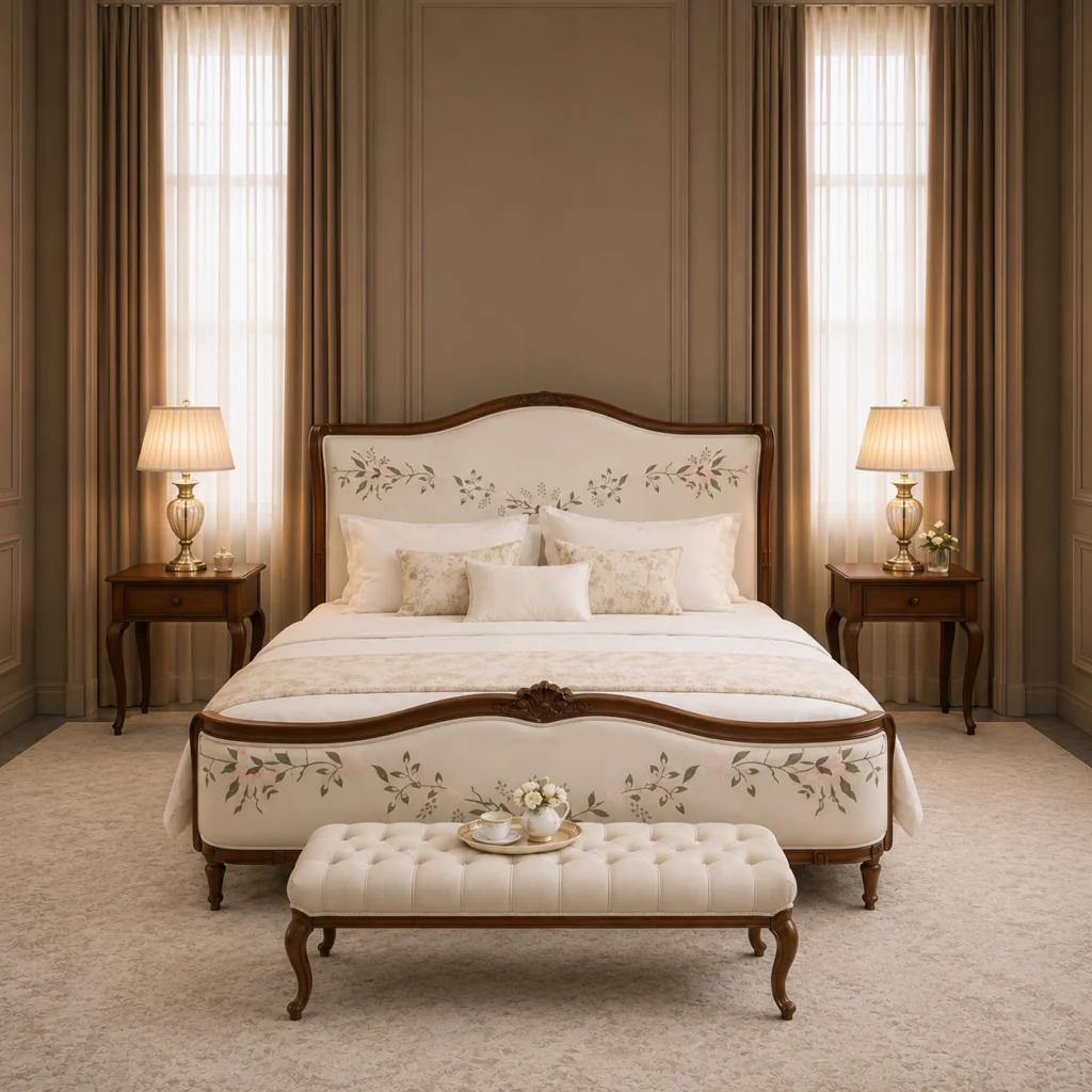 Luxury Floral Upholstered Teakwood Bed Luxury Floral Upholstered Teakwood Bed