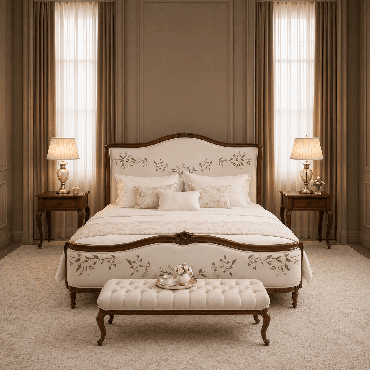 Luxury Floral Upholstered Teakwood Bed Luxury Floral Upholstered Teakwood Bed