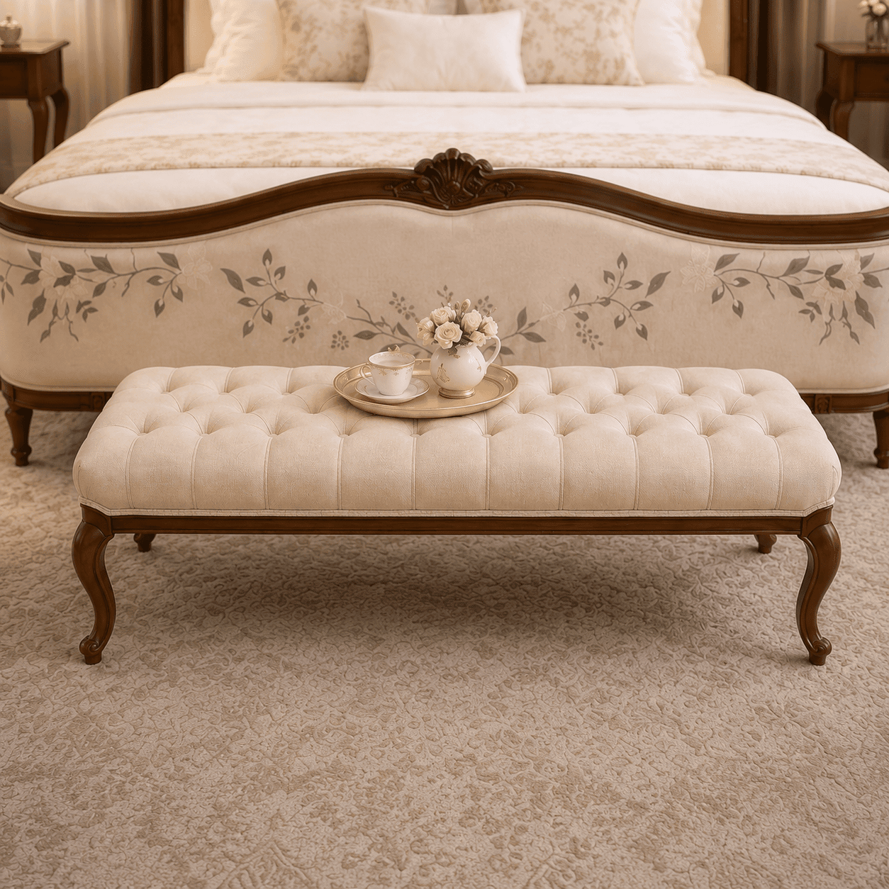 Luxury Floral Upholstered Teakwood Bed