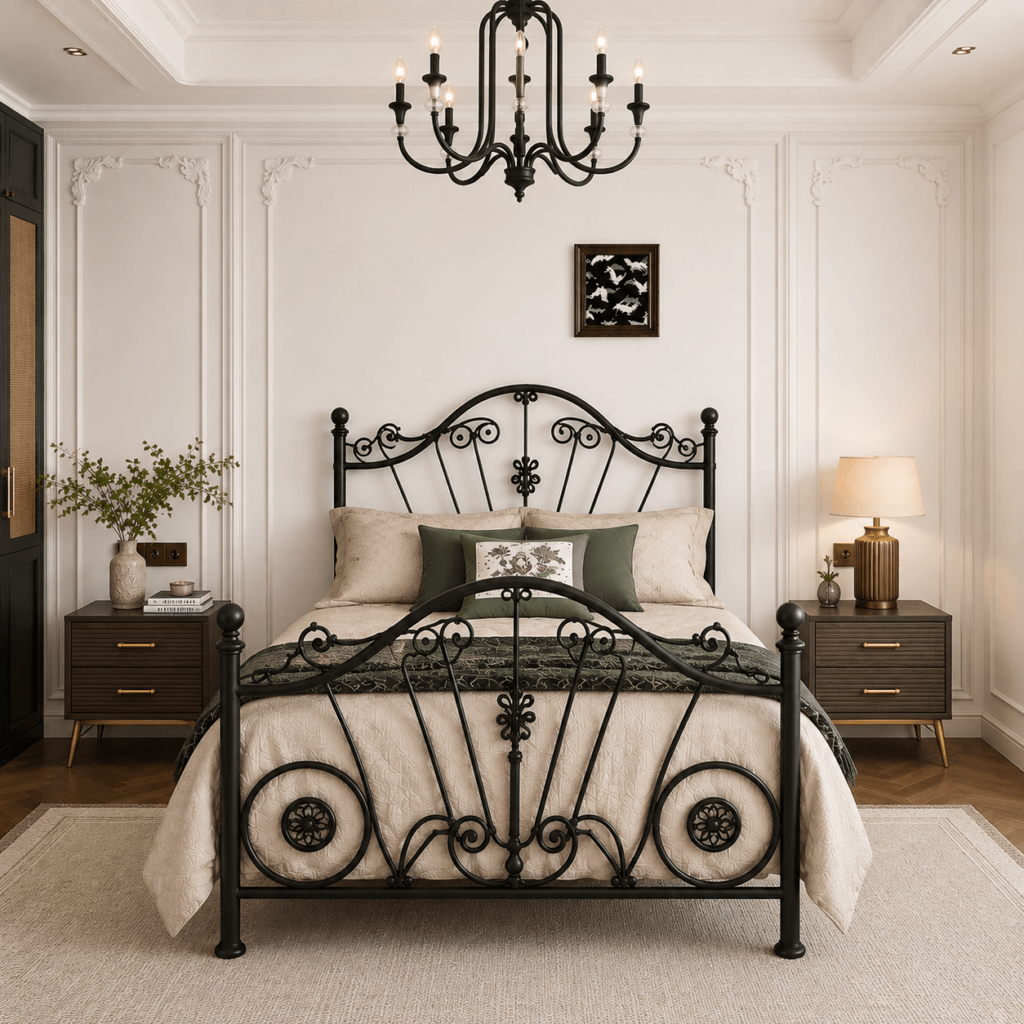 Modern Wrought Iron Bed with Side Tables & Mattress