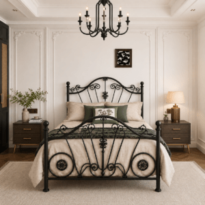 Modern Wrought Iron Bed with Side Tables & Mattress