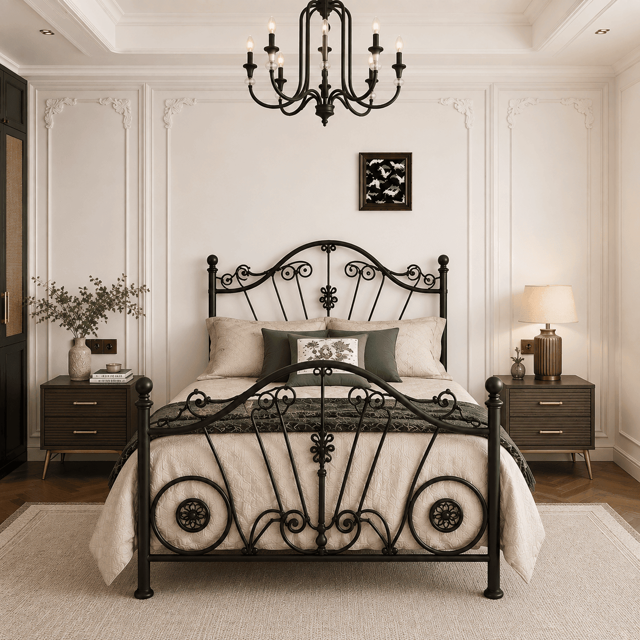Modern Wrought Iron Bed with Side Tables & Mattress