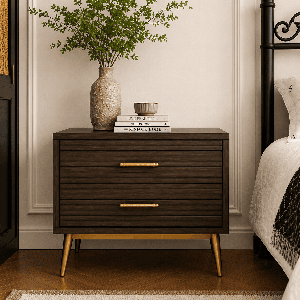 Modern Wrought Iron Bed with Side Tables & Mattress