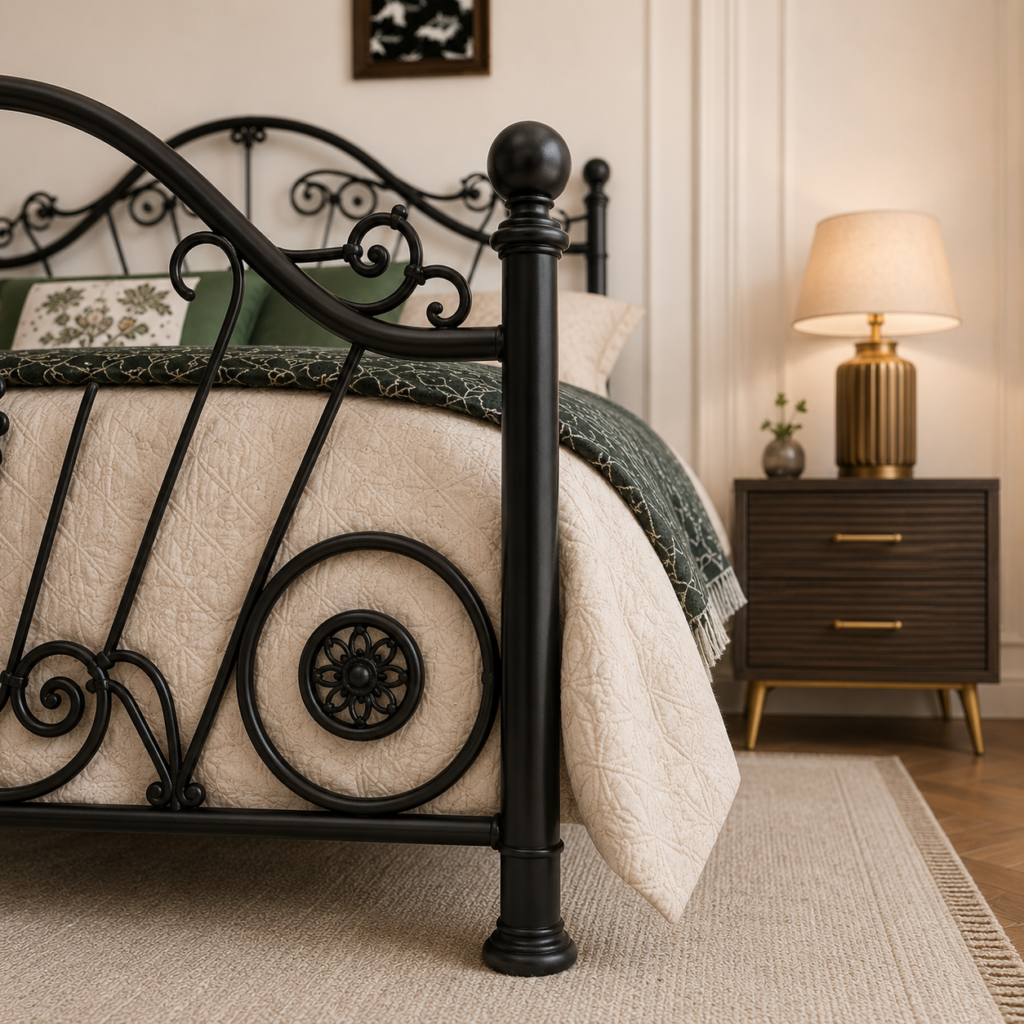 Modern Wrought Iron Bed with Side Tables & Mattress