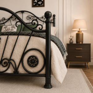 Modern Wrought Iron Bed with Side Tables & Mattress