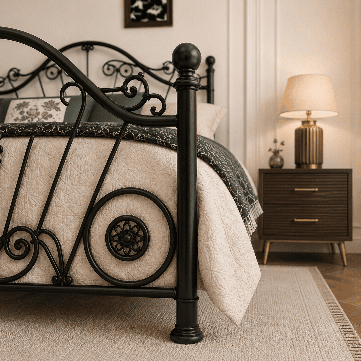 Modern Wrought Iron Bed with Side Tables & Mattress