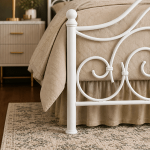 Modern White Iron Bed with Side Tables & Mattress