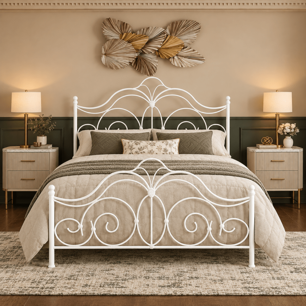 Modern White Iron Bed with Side Tables & Mattress
