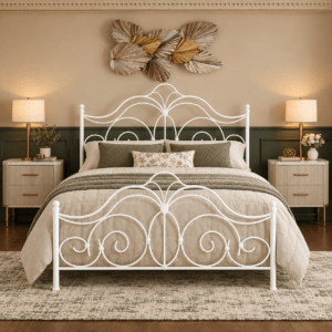 Modern White Iron Bed with Side Tables & Mattress