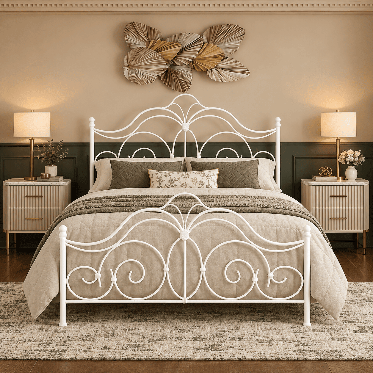 Modern White Iron Bed with Side Tables & Mattress