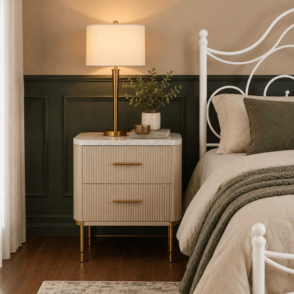 Modern White Iron Bed with Side Tables & Mattress