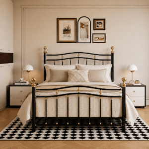 Black & Gold Iron Bed with Side Tables & Mattress