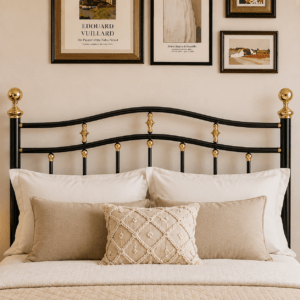 Black & Gold Iron Bed with Side Tables & Mattress