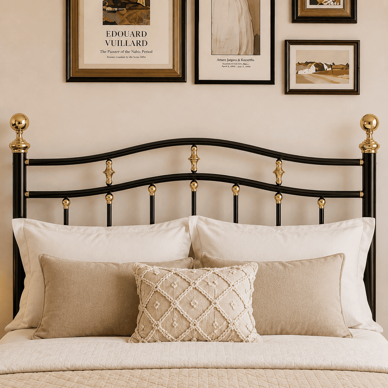 Black & Gold Iron Bed with Side Tables & Mattress