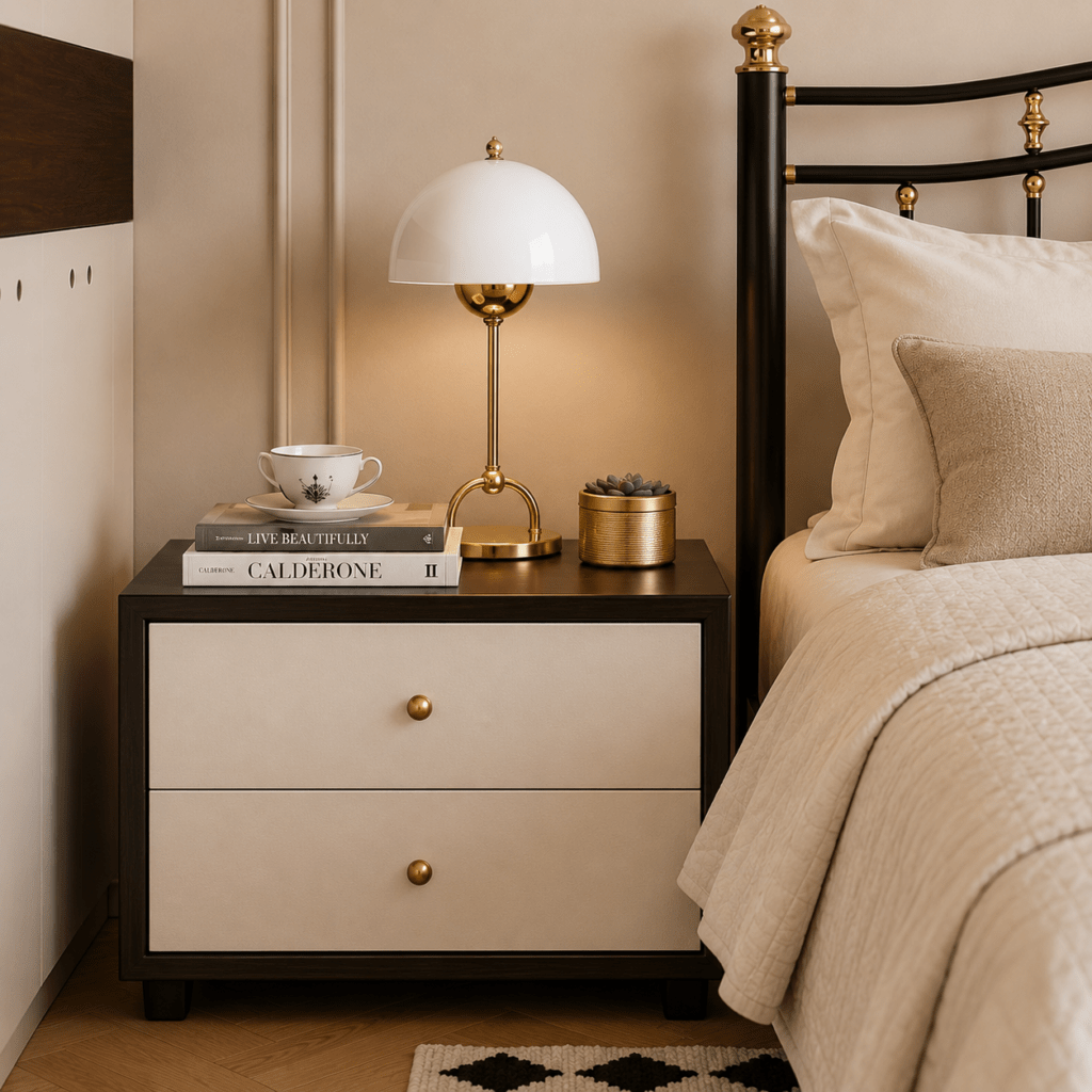 Black & Gold Iron Bed with Side Tables & Mattress