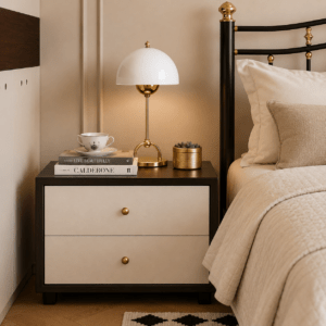 Black & Gold Iron Bed with Side Tables & Mattress