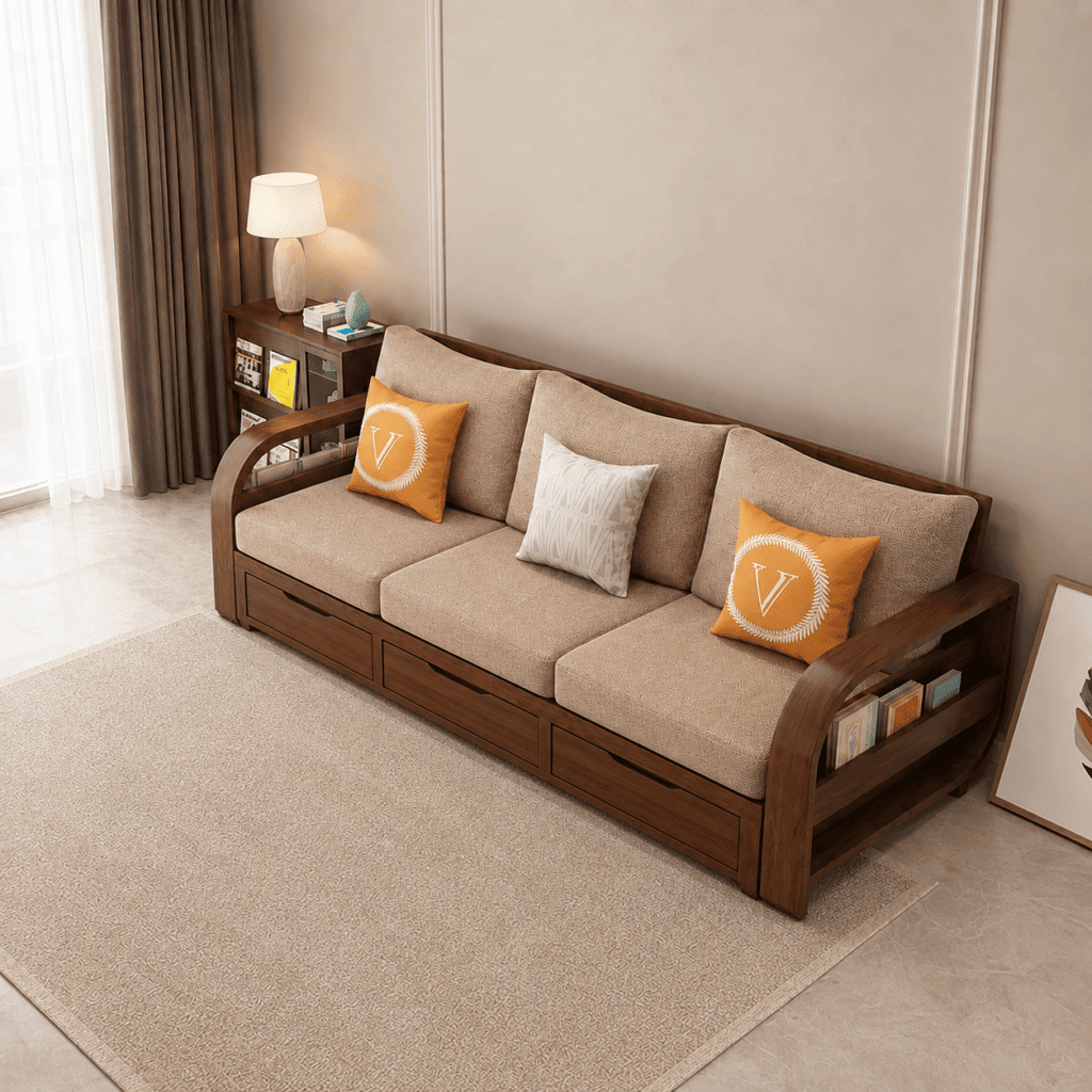 Modern Solid Wood Sofa Cum Bed with Storage Drawers