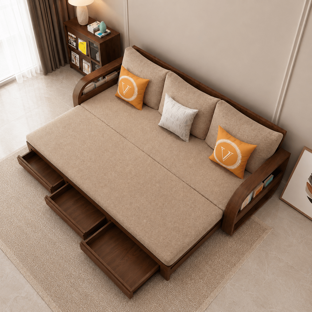 Modern Solid Wood Sofa Cum Bed with Storage Drawers