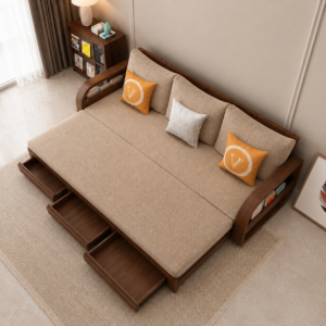 Modern Solid Wood Sofa Cum Bed with Storage Drawers