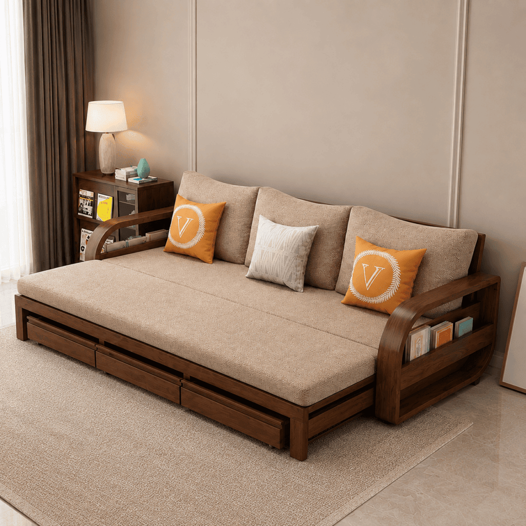 Modern Solid Wood Sofa Cum Bed with Storage Drawers