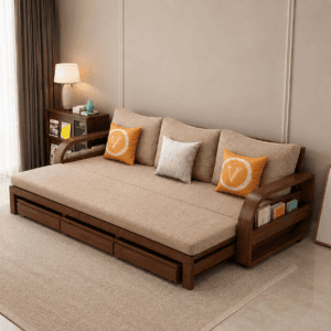Modern Solid Wood Sofa Cum Bed with Storage Drawers