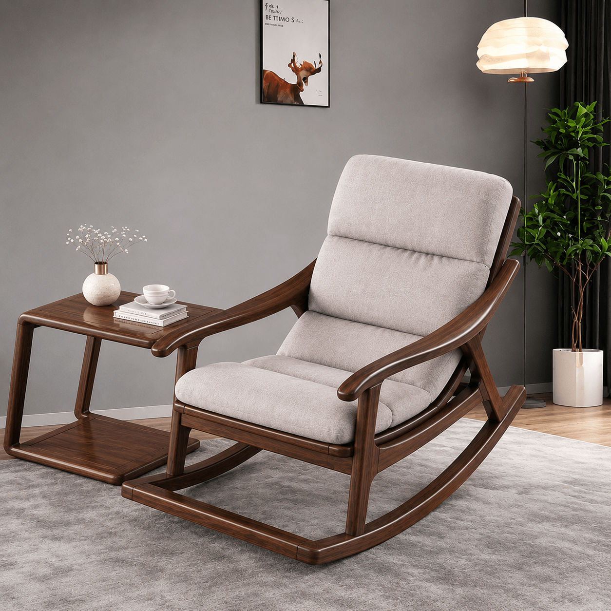 Modern Wooden Rocking Chair with Side Table