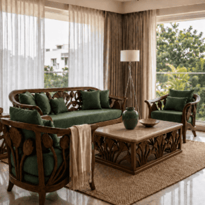 Luxury Teakwood Carved Sofa Set with Walnut Finish