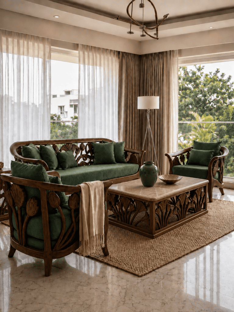 Luxury Teakwood Carved Sofa Set with Walnut Finish