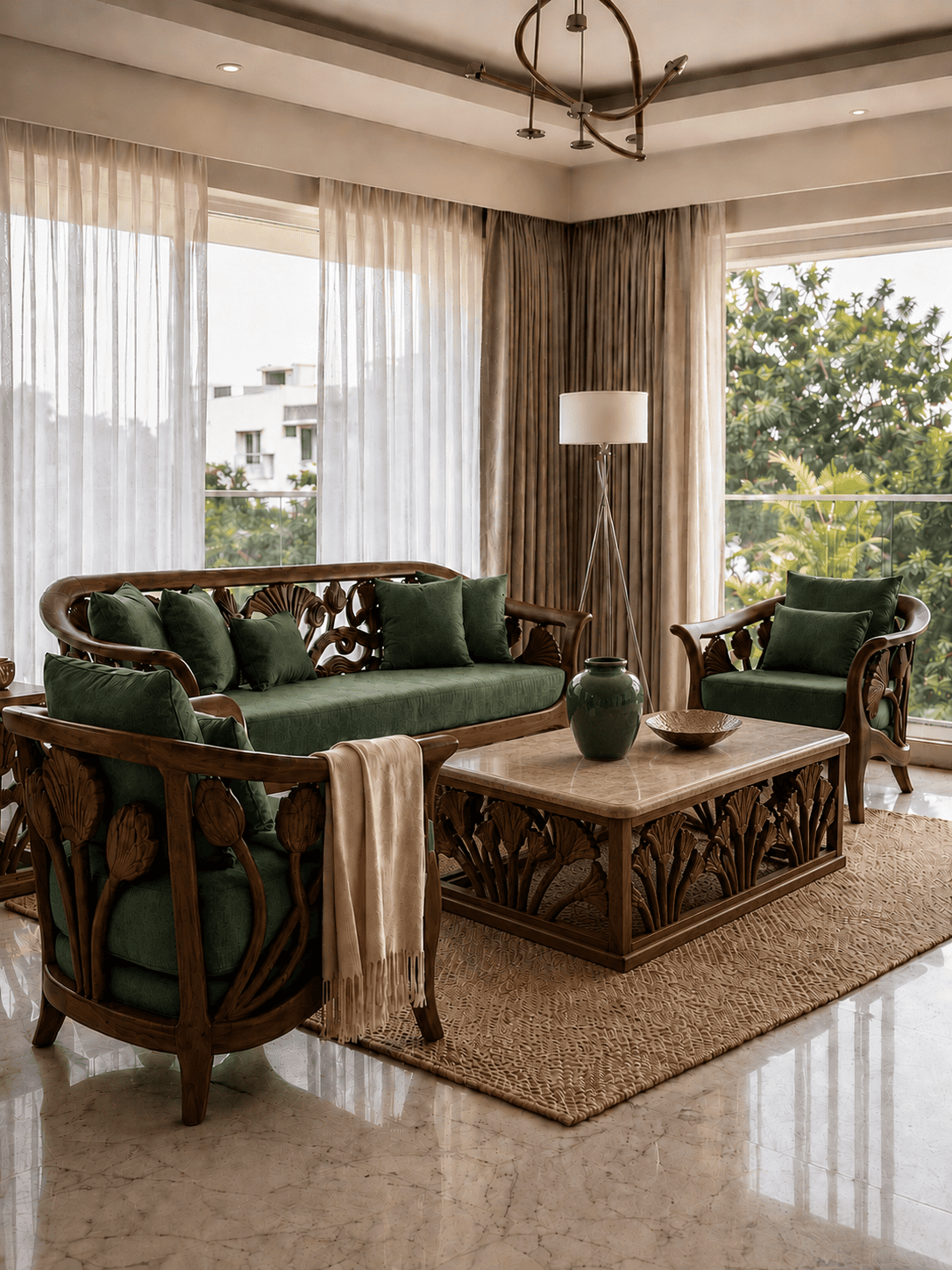 Luxury Teakwood Carved Sofa Set with Walnut Finish