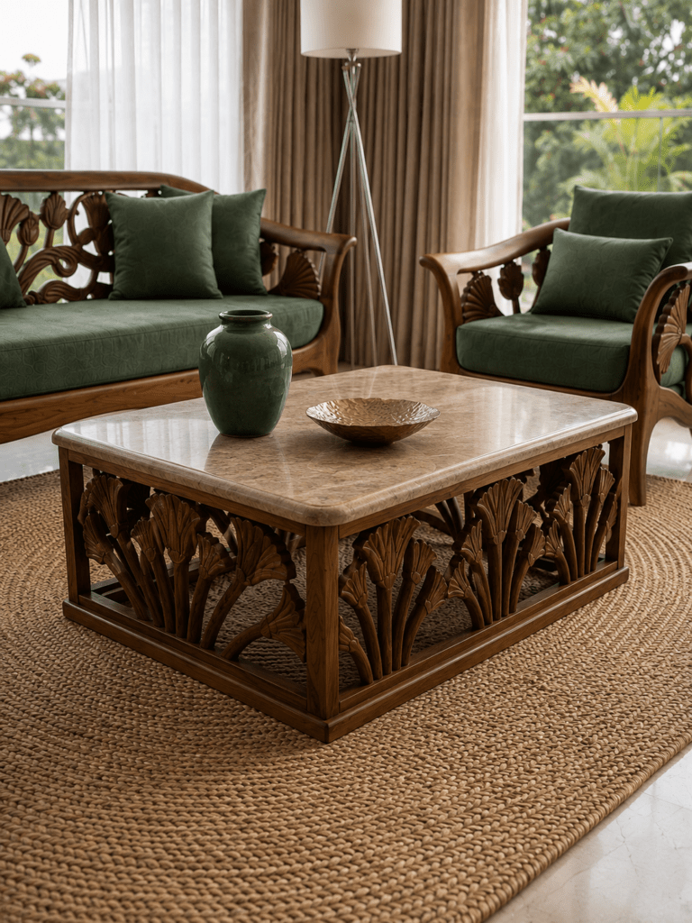 Luxury Teakwood Carved Sofa Set with Walnut Finish