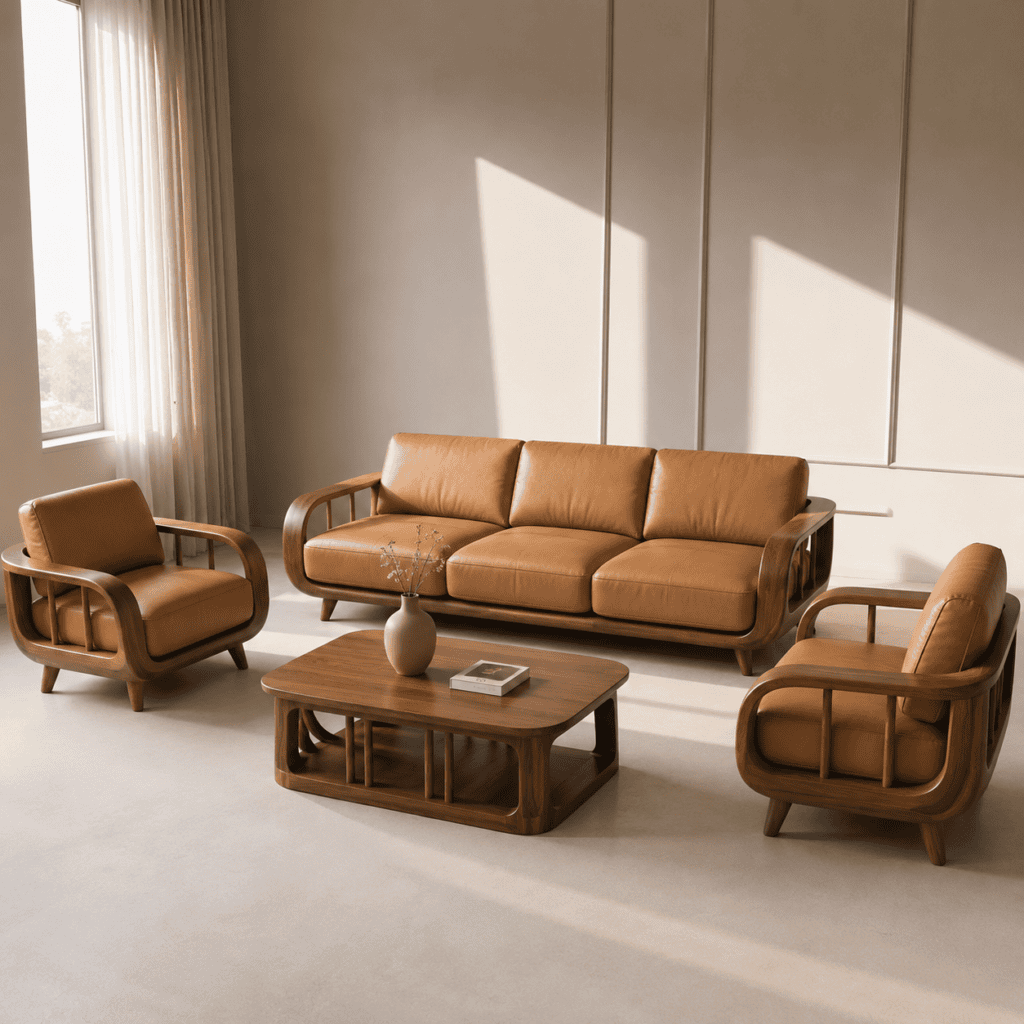 Modern Walnut Solid Wooden Sofa Set