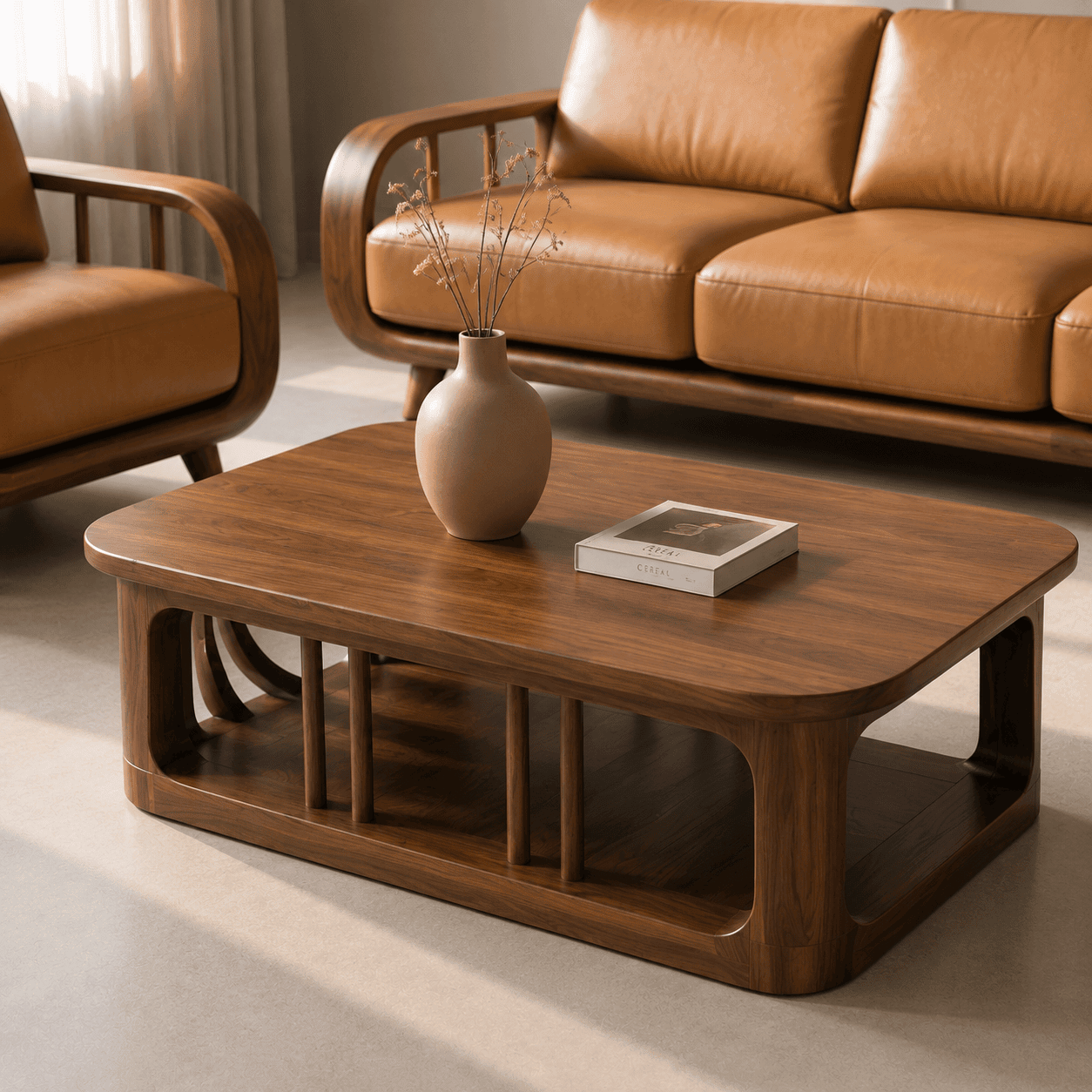Modern Walnut Solid Wooden Sofa Set