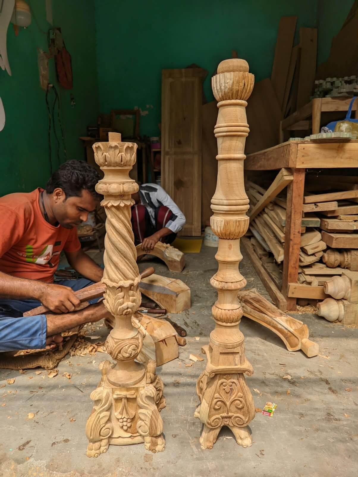 Hand-turned wooden pillar craftsmanship