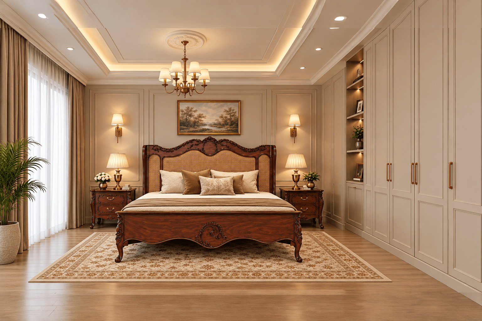 Luxury handcrafted solid wood bed with carved headboard, premium bedroom furniture, elegant wooden bed frame, classic bedroom interior, custom teakwood furniture manufacturer