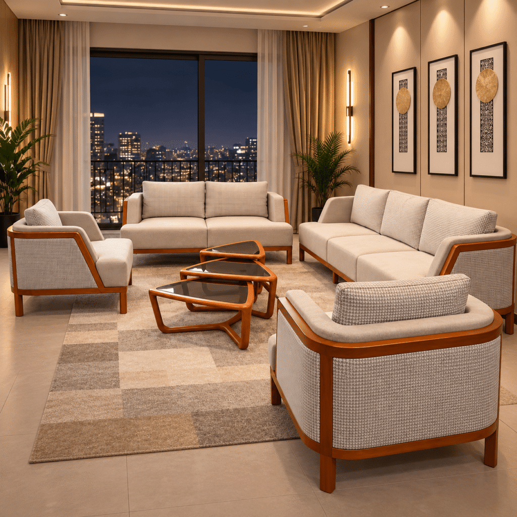 Handcrafted Wooden Sofa Set with Designer Tables