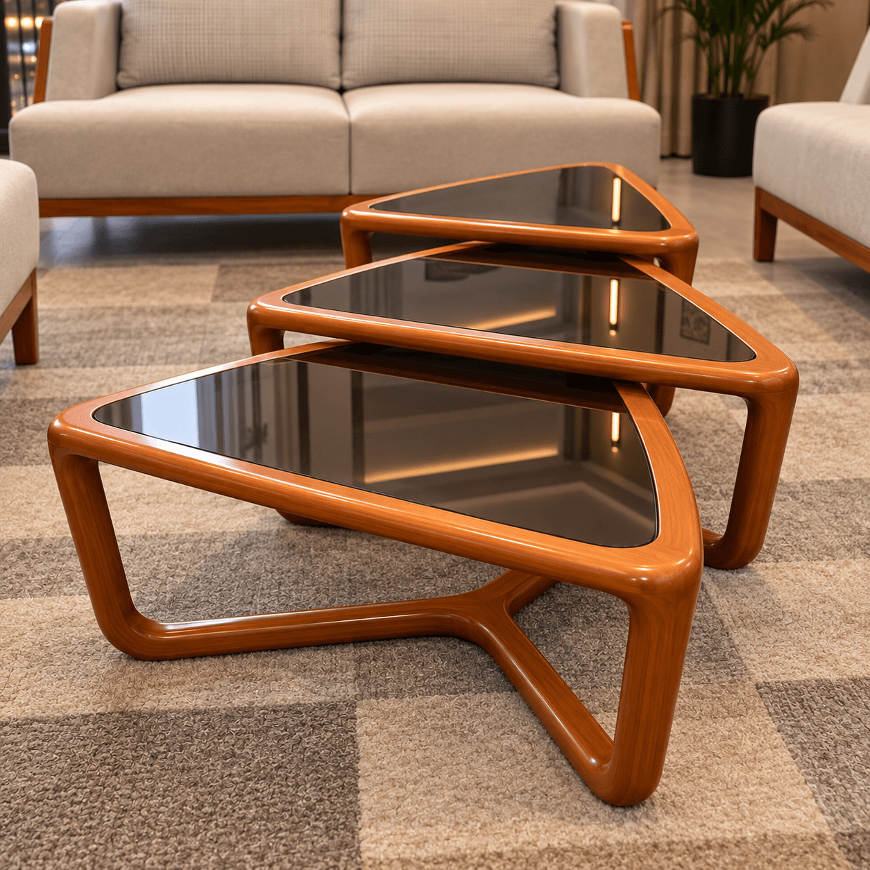Handcrafted Wooden Sofa Set with Designer Tables