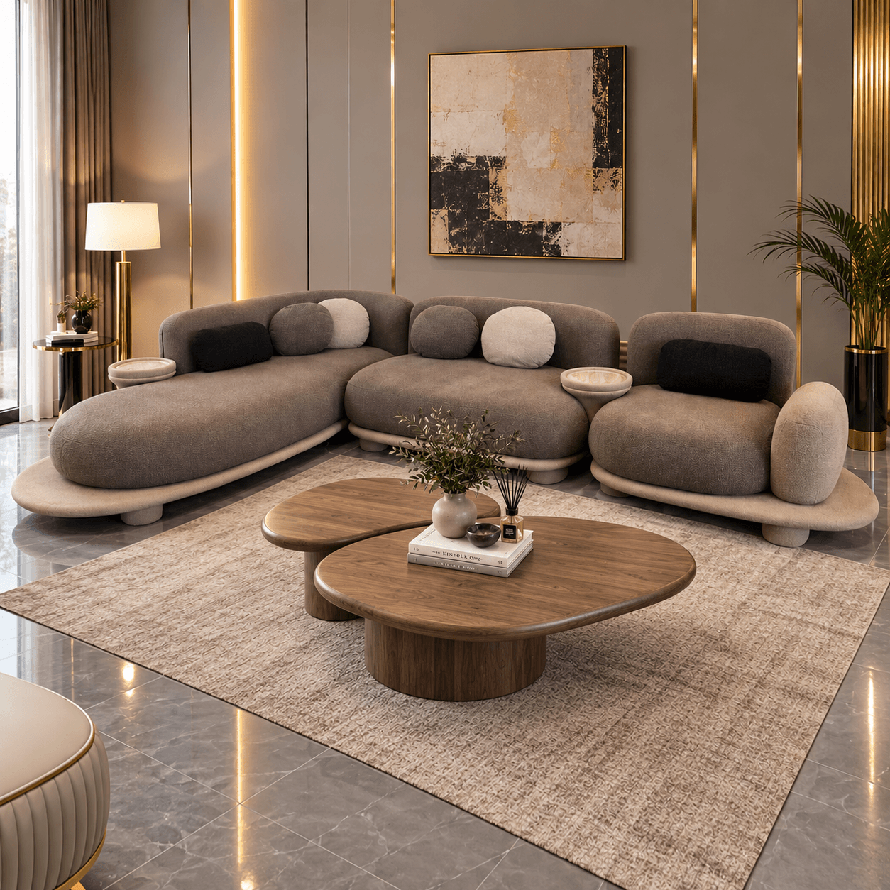 Modern Curved Sofa Set with Wooden Center Table