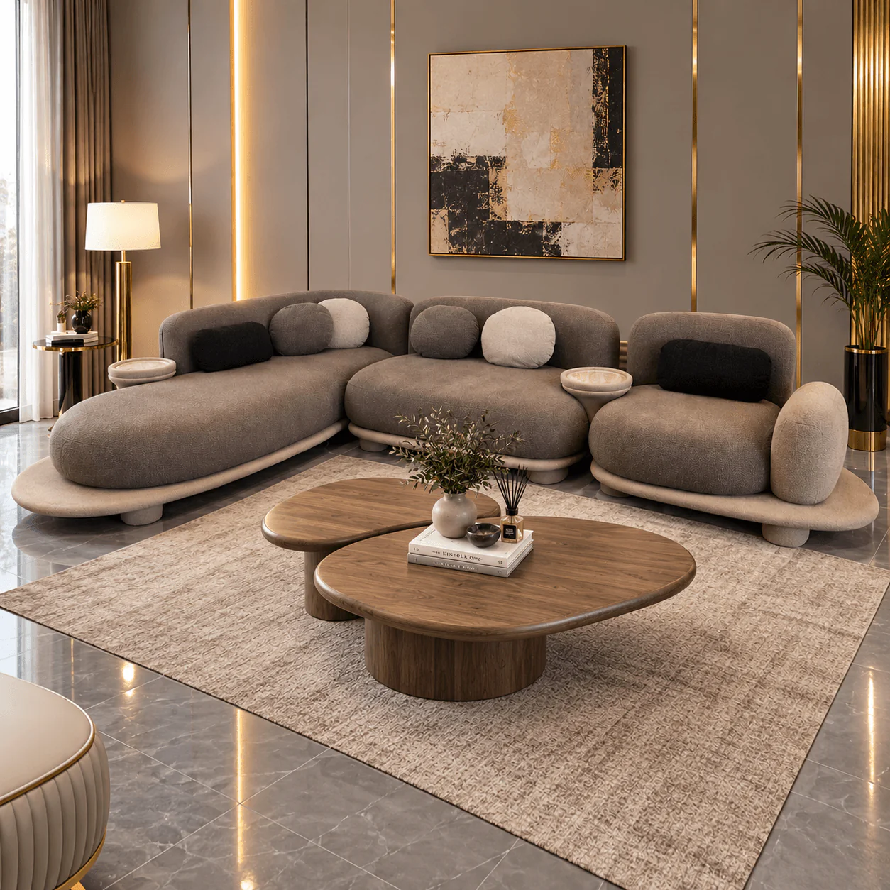 Modern Curved Sofa Set with Wooden Center Table