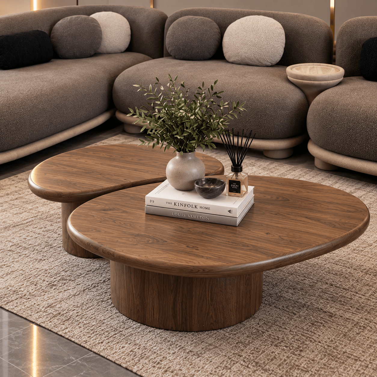 Modern Curved Sofa Set with Wooden Center Table