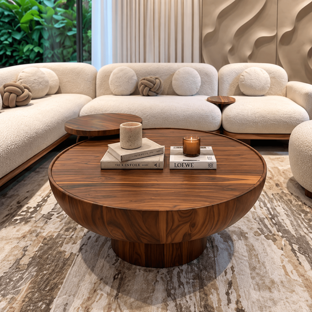 Modern Curved Sofa Set with Wooden Coffee Table