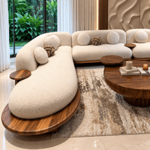 Modern Curved Sofa Set with Wooden Coffee Table