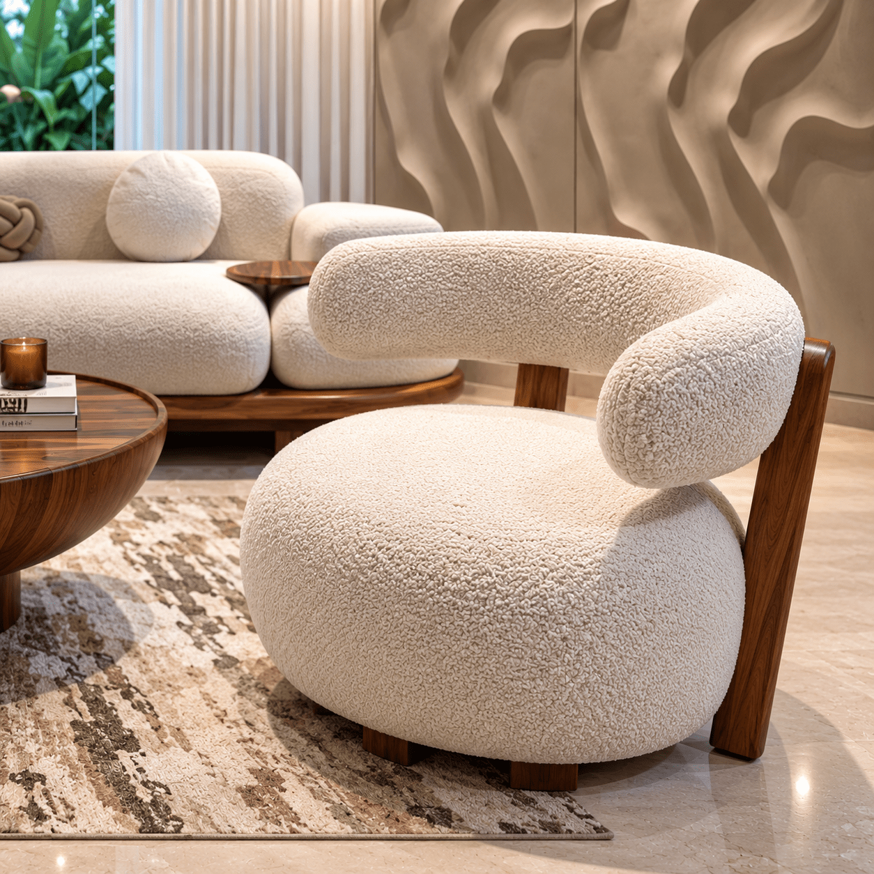 Modern Curved Sofa Set with Wooden Coffee Table
